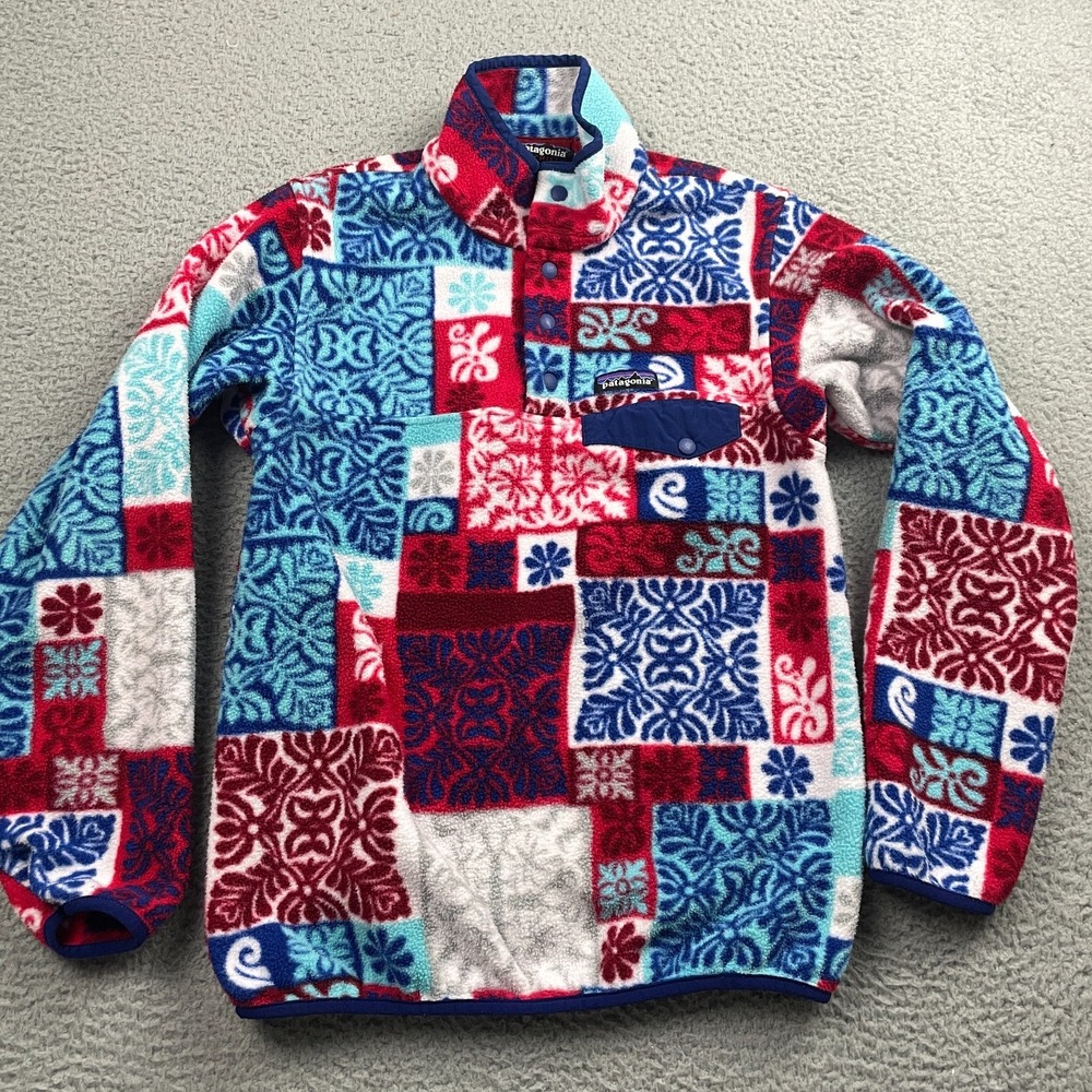 Patagonia Synchilla Snap T Pullover Fleece Hawaiian AOP Red Blue Womens XS